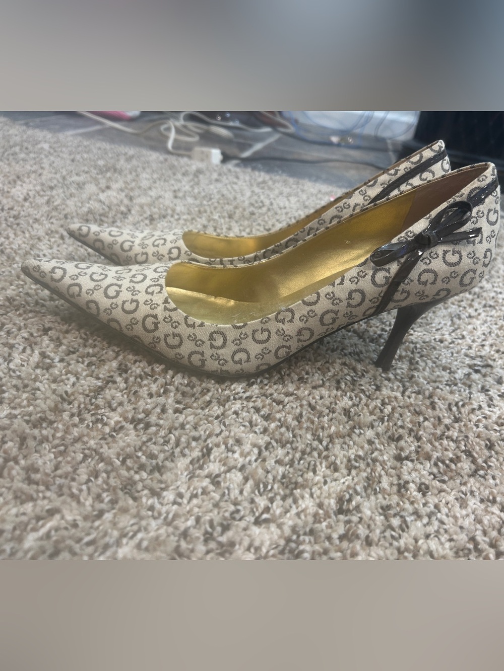 Guess Beige Logo Canvas Pumps with Brown Patent Bow